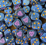 Pile of black and purple barbed heart 16mm D6 dice for a sci-fi raider army