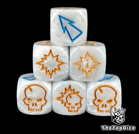 Close up of three bone white 16mm block dice with blue pips for resolving blocks in fantasy football