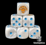 Close up of two bone white D6 with a gold crowned pharaoh skull logo on the six face for fantasy football