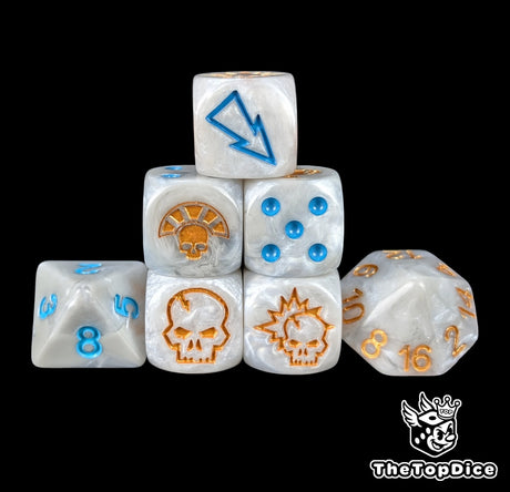 Bone white tomb pharaohs fantasy football dice set of seven 16mm resin dice with gold logos compatible with Blood Bowl