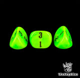 Black digits on three toxic green 16mm D3 dice, seen up close