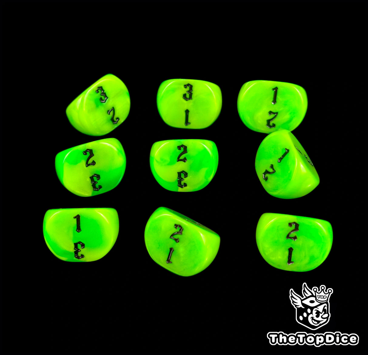 Acid bright green D3 dice, nine in a grid, black numbers facing up