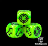 Black ink sunk deep into three engraved toxic green 16mm dice, arrows and target face