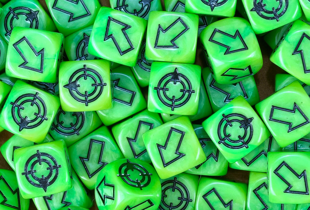 A full tray of toxic green scatter dice for rokkits, blasts and drifting templates