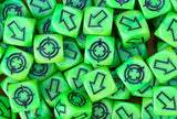 A full tray of toxic green scatter dice for rokkits, blasts and drifting templates