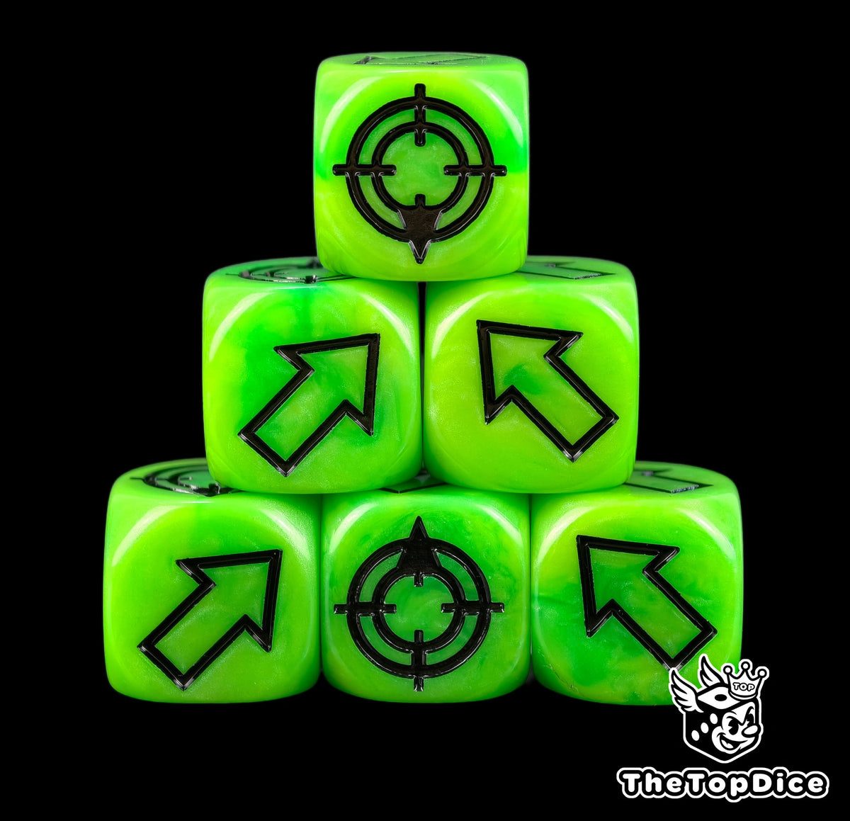 Six acid green scatter dice piled up, black arrows over a body that looks radioactive