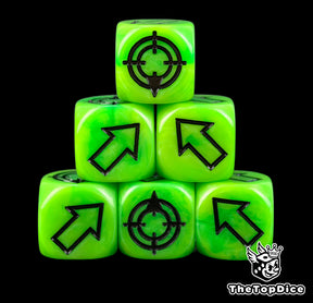Six acid green scatter dice piled up, black arrows over a body that looks radioactive