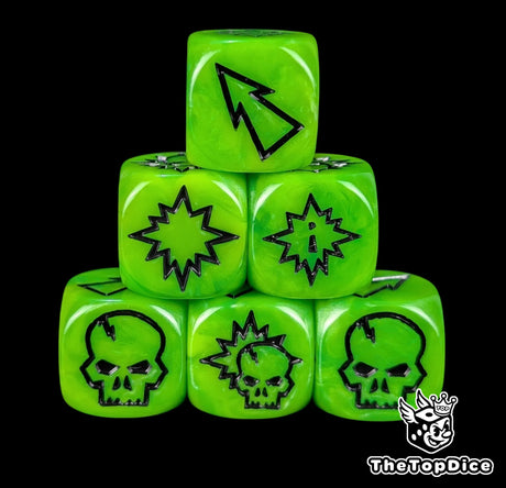 Close up of three radioactive green 16mm block dice with black symbols for resolving blocks
