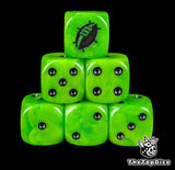 Close up of two toxic green D6 with a black custom logo on the six face for fantasy football games