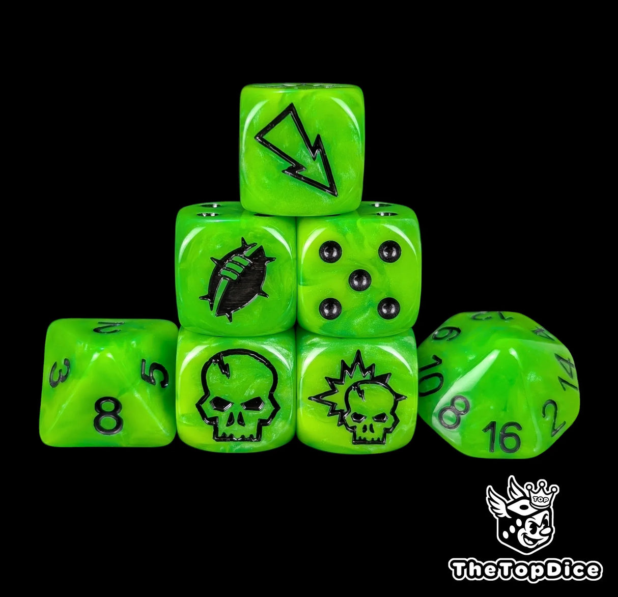 Toxic green fantasy football dice set of seven 16mm resin dice with black logos compatible with Blood Bowl
