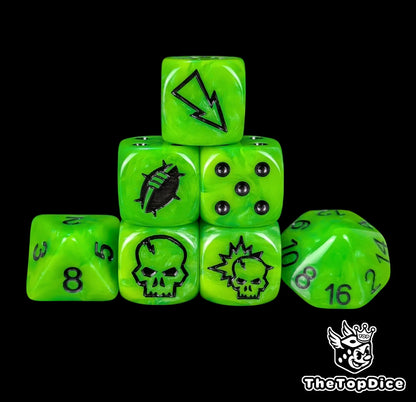 Toxic green fantasy football dice set of seven 16mm resin dice with black logos compatible with Blood Bowl