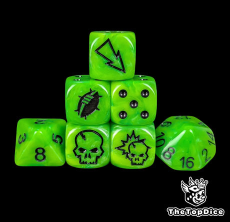 Toxic green fantasy football dice set of seven 16mm resin dice with black logos compatible with Blood Bowl