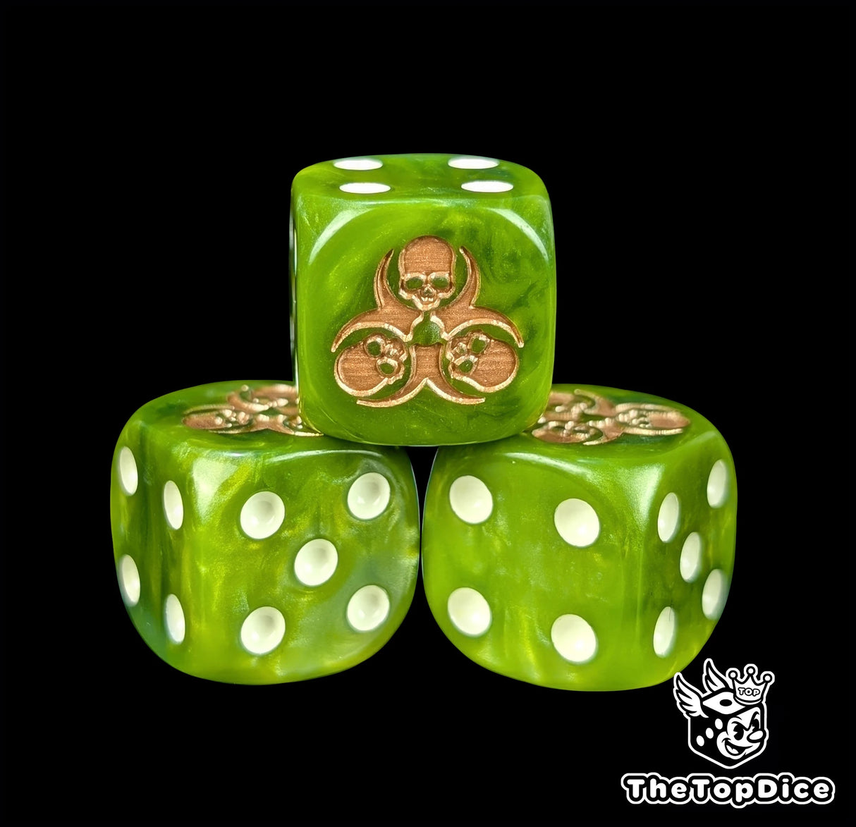 Close-up of a green D6 die with a gold hazard and skull emblem