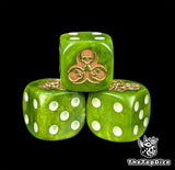 Close-up of a green D6 die with a gold hazard and skull emblem