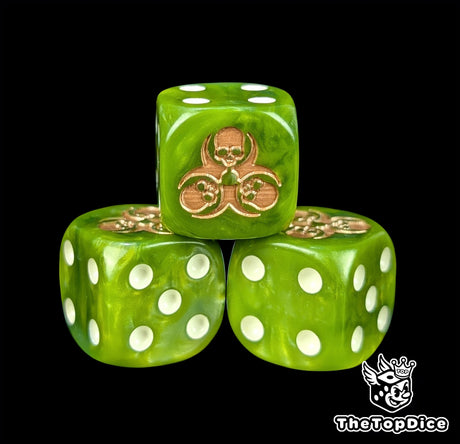 Close-up of a green D6 die with a gold hazard and skull emblem