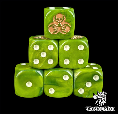 Green resin D6 dice with a gold hazard and skull emblem and bone white pips