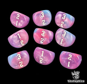 Blue lilac and pink 16mm D3 dice numbered 1 to 3 for tabletop and wargames
