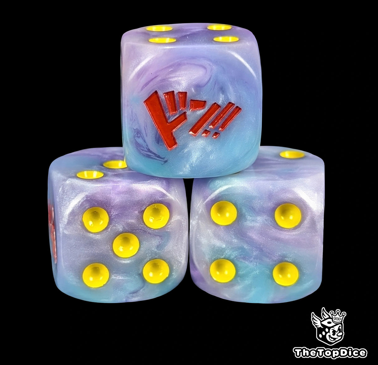 Close up of a blue and purple 16mm resin D6 die engraved with yellow pips as a TCG power counter