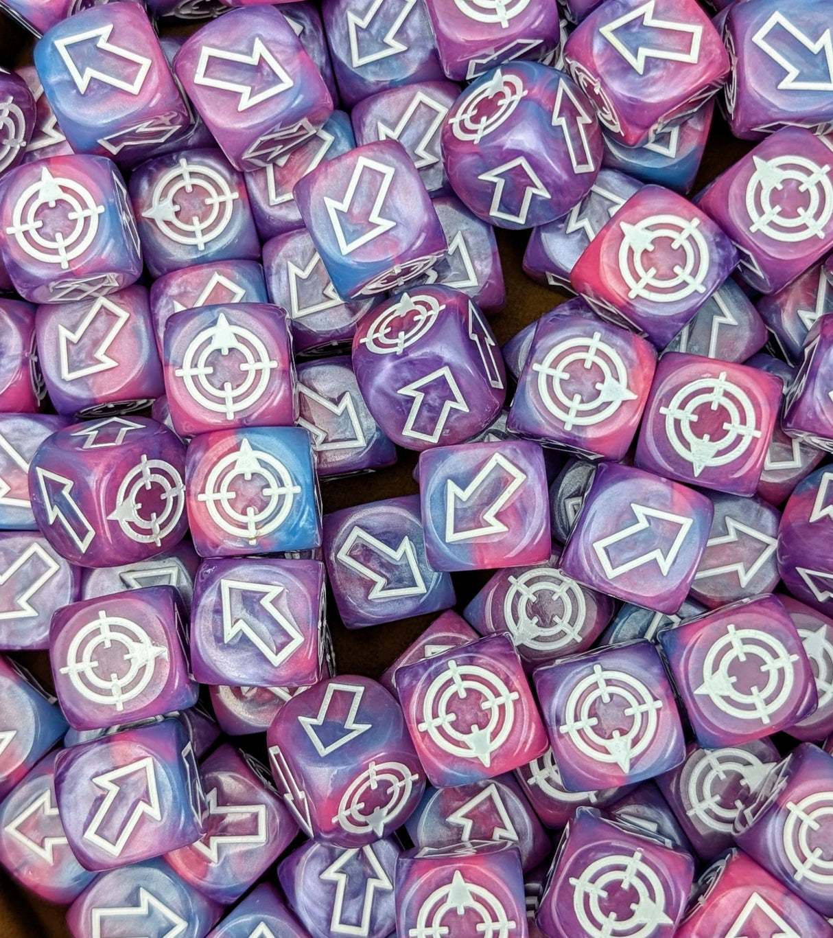 Pile of tricolor scatter dice for tabletop battles