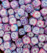 Pile of tricolor scatter dice for tabletop battles
