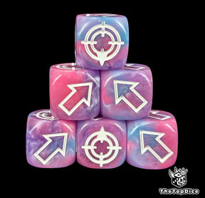 Blue lilac and pink 16mm scatter dice with arrows and hit faces for wargames