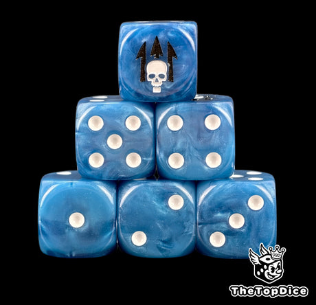 Six blue Emperor's Spears D6 stacked, white pips, skull on a trident