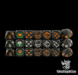 Three matte black trophy Blood Bowl dice sets in rows, with first, second and third place cup logos in a green laurel