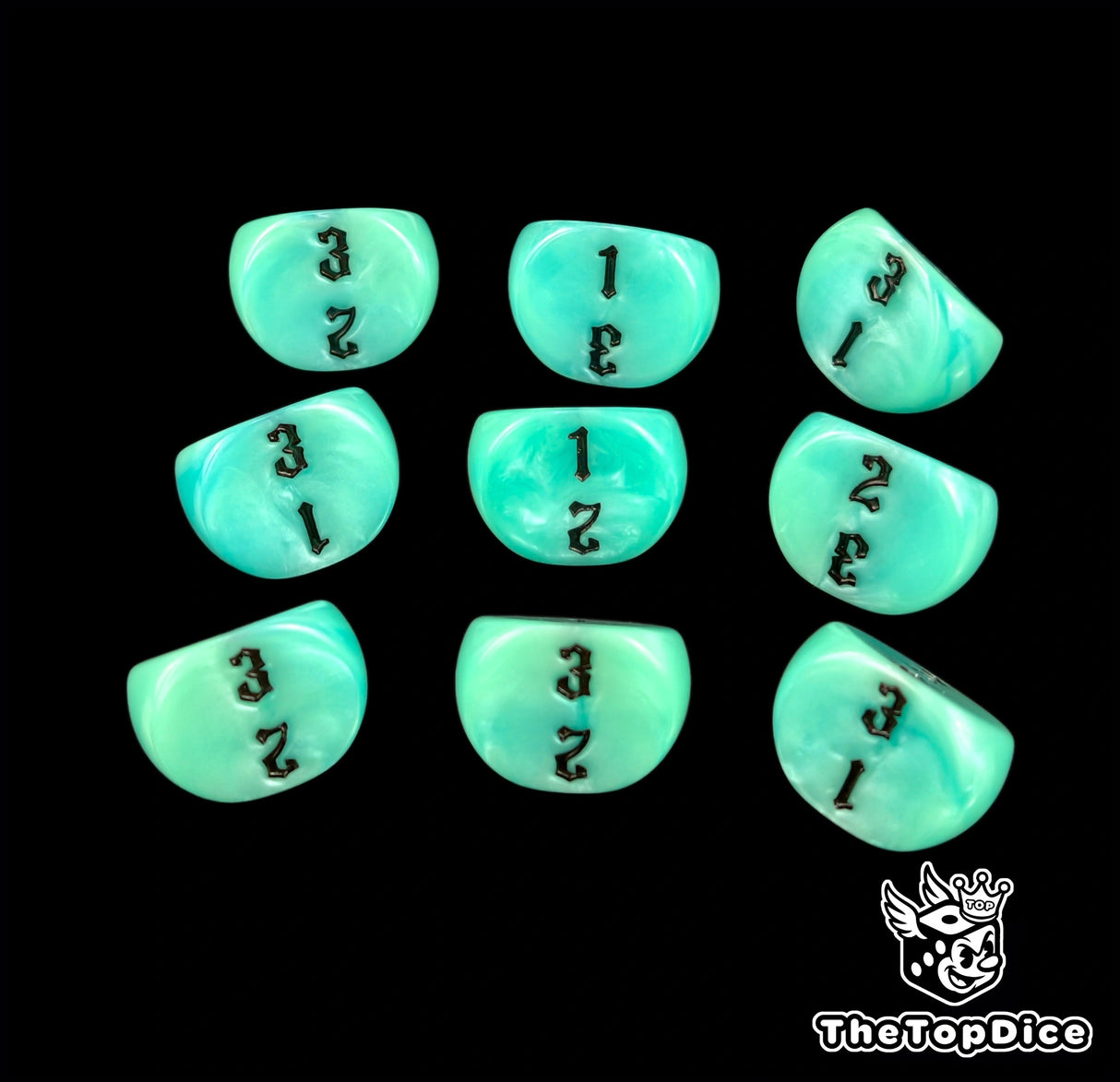 Grid of nine pale turquoise D3 dice showing the black numbers 1 to 3