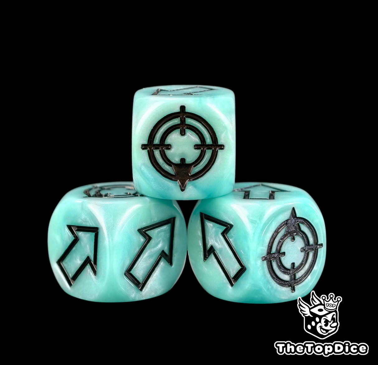 Solid black ink against a pale body on three turquoise 16mm dice, built to read at a distance