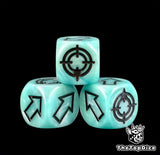 Solid black ink against a pale body on three turquoise 16mm dice, built to read at a distance
