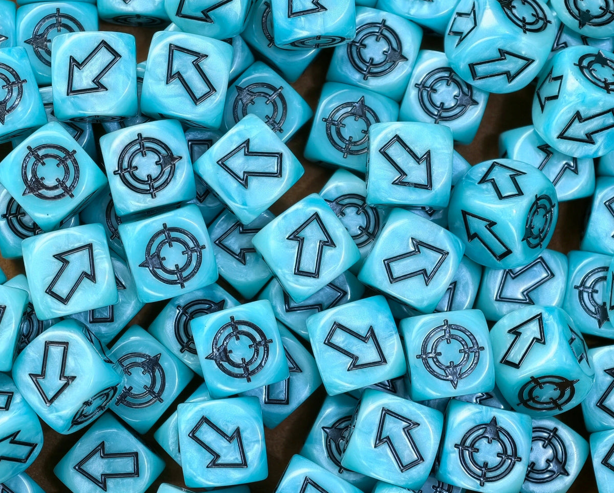 Turquoise and black scatter dice packed into a tray for Old World scatter rolls