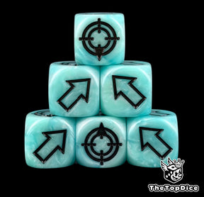 Pale turquoise resin under black arrows, six 16mm dice stacked with their target faces up