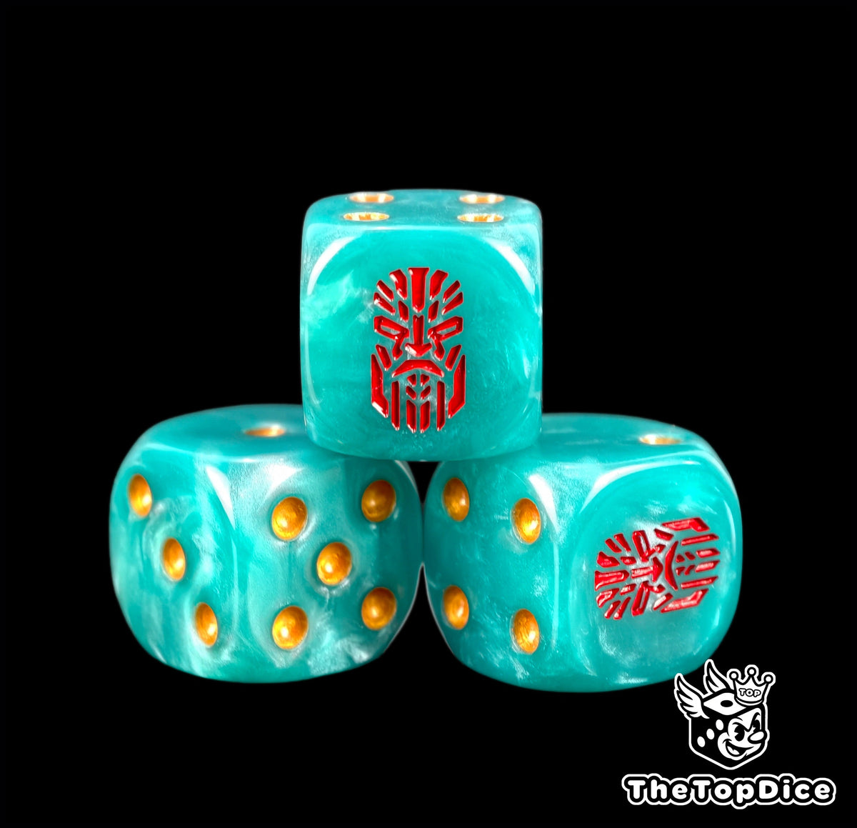 Three turquoise space dwarf dice with gold pips and a red rune