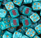 A pile of turquoise Votann D6 with gold pips and red kin runes