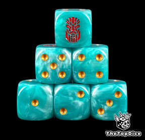 Six turquoise Votann D6 stacked, gold pips and a red kin rune