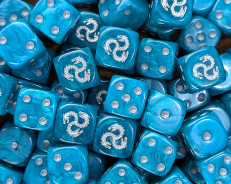 Pile of turquoise hydra 16mm D6 dice for a sci-fi hidden legion army