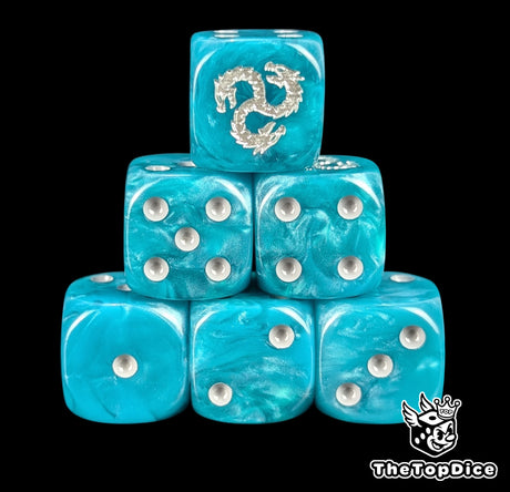 Turquoise 16mm D6 dice with a silver three headed hydra emblem and grey pips for sci-fi wargaming