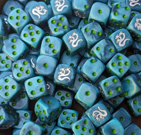 Pile of turquoise hydra 16mm D6 dice for a sci-fi chaos army