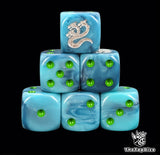Turquoise 16mm D6 dice with a silver hydra emblem and green pips for sci-fi wargaming