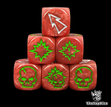 Close up of three red 16mm block dice with silver pips for resolving blocks