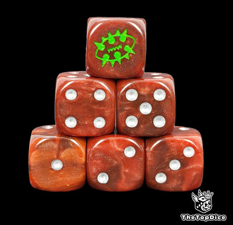 Close up of two red D6 with a green spiked ball logo on the six face for fantasy football