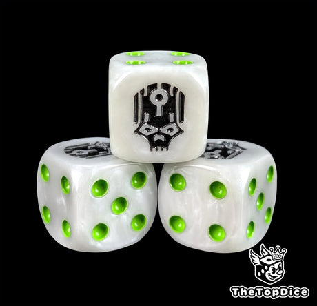 Close-up of a white D6 die with a black robot skull face and green pips