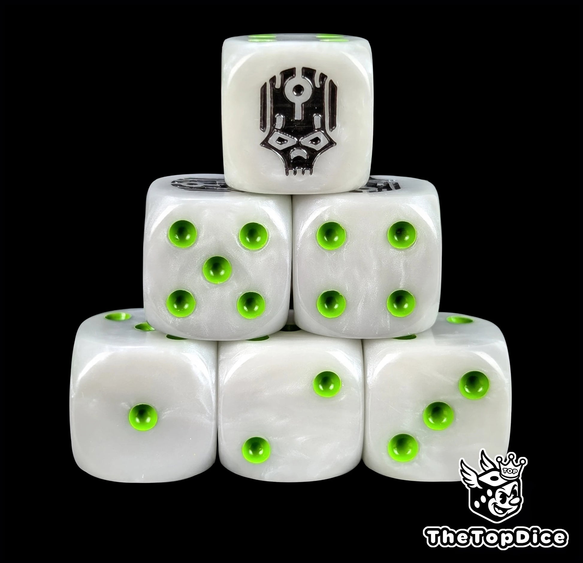 White resin D6 dice with a black robot skull face and green pips for sci-fi armies