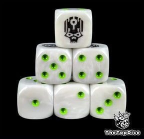 White resin D6 dice with a black robot skull face and green pips for sci-fi armies