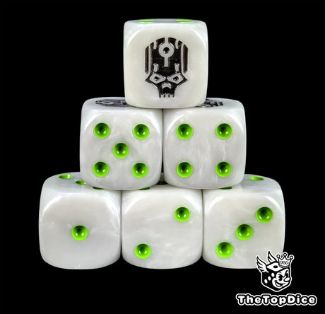 White resin D6 dice with a black robot skull face and green pips for sci-fi armies