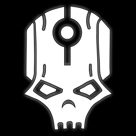 Metal skull with a rod crest in white on black, tile for undying machine xenos 16mm dice