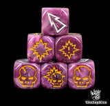 Close up of three purple 16mm block dice with white pips for resolving blocks