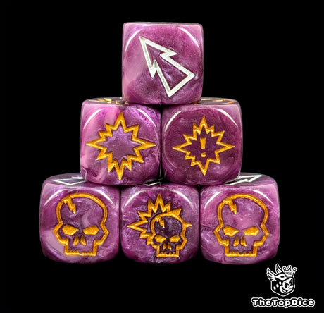 Close up of three purple 16mm block dice with white pips for resolving blocks