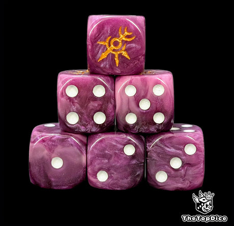 Close up of two purple D6 with a gold eight pointed star logo on the six face for fantasy football