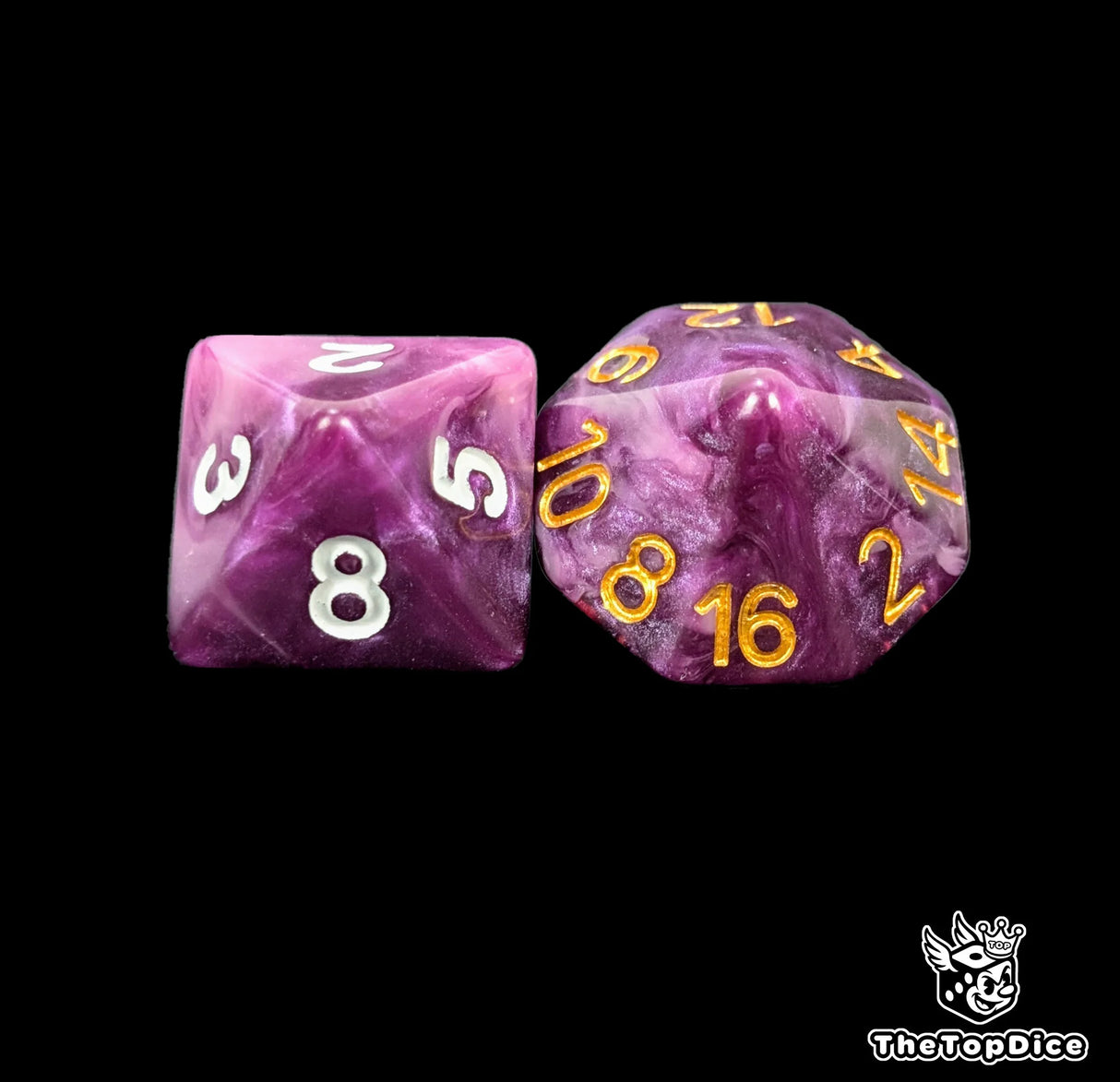 Close up of a purple D8 and D16 with white numbers for scatter and long range rolls